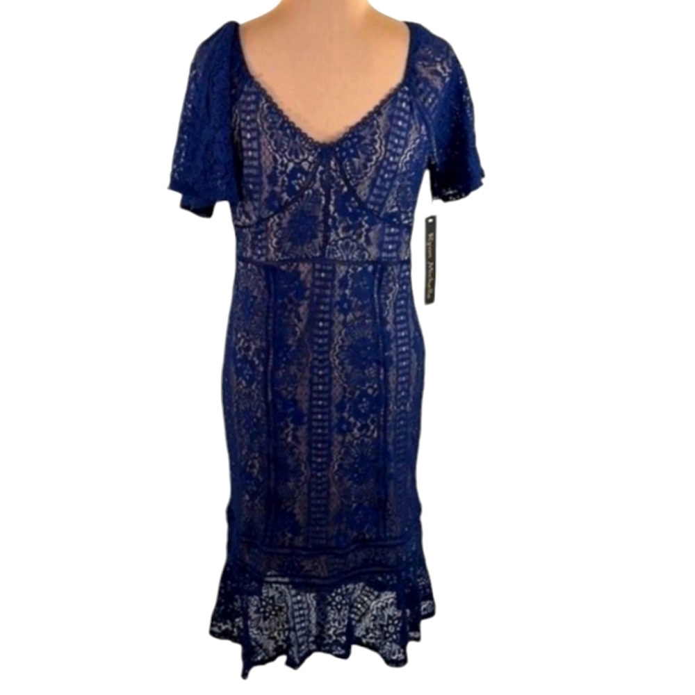 Ryan Michelle Evening Cocktail Dress, Navy Lace Over Tan Slip, Size M